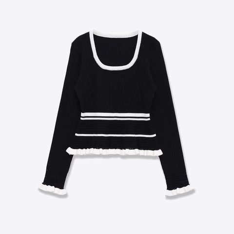 Women Elegant Contrast Color Long Sleeve Knit Top Ruffled Hem Peplum Round Neck Ribbed Pullover Sweater For Daily Office