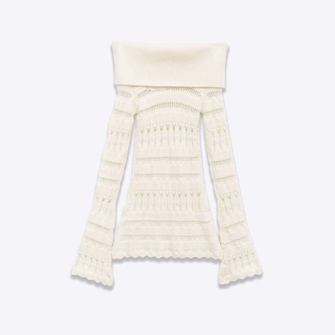 Maglione Donna con Spalle Scoperte Lavorazione Traforata Bordo a Festoni Manica Lunga Pullover all'Uncinetto Elegante