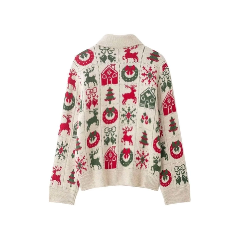 Vintage Women Christmas Reindeer Jacquard Knitted Cardigan Retro Polo Collar Button Down Festive Sweater Long Sleeve Top