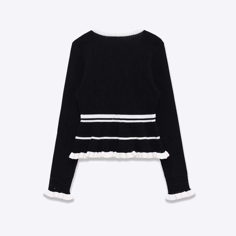 Women Elegant Contrast Color Long Sleeve Knit Top Ruffled Hem Peplum Round Neck Ribbed Pullover Sweater For Daily Office