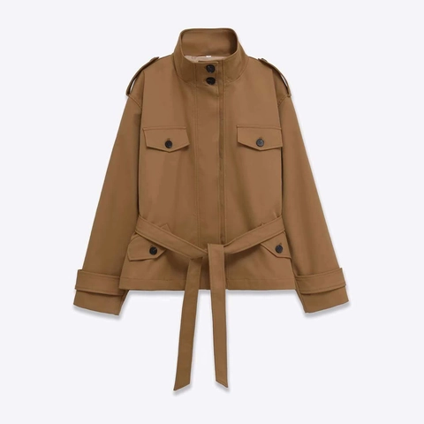 Dames Khaki Kort Trenchcoat Met Gordel Opstaande Kraag Epauletten Zakken Elegant Woon-werkverkeer Polyester Jas Windjack