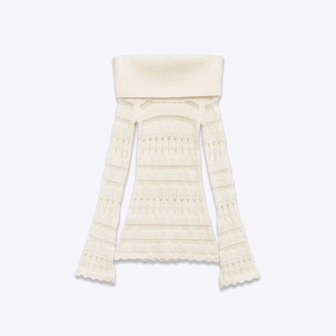Maglione Donna con Spalle Scoperte Lavorazione Traforata Bordo a Festoni Manica Lunga Pullover all'Uncinetto Elegante