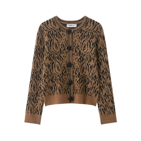 Dames Vintage Tijger Dierenprint Gebreid Cardigan Met Bloemknoppen Bruin Zwart Lange Mouw Ronde Hals Casual Trui