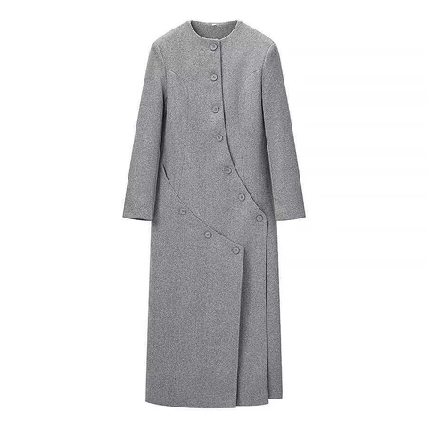 Abrigo Largo de Lana Gris Elegante para Mujer Botonadura Sencilla Irregular Cuello Redondo Ajuste Delgado Manga Larga Cálido