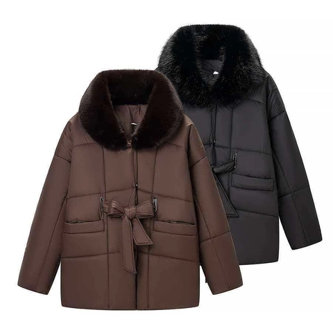 Chaqueta Acolchada de Largo Medio para Mujer Con Cuello de Piel Artificial Desmontable Capucha Ajuste Entallado Color Sólido Abrigo de Invierno