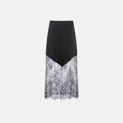Women Elegant Satin Lace Splice Midi Skirt Asymmetric V-Shape Hem High Waist Floral Lace Patchwork Straight Skirt For Party Office