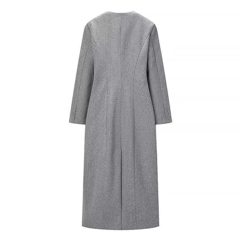 Abrigo Largo de Lana Gris Elegante para Mujer Botonadura Sencilla Irregular Cuello Redondo Ajuste Delgado Manga Larga Cálido