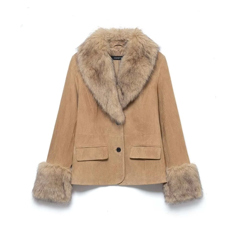 Chaqueta de Gamuza para Mujer con Ribete de Piel Sintética Cuello de Piel Desmontable Solapa Botón Abrigo Corto Invierno Cálido Caqui