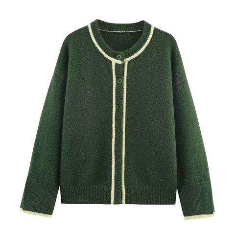 Women Vintage Dark Green Knit Cardigan Contrast Trim Round Neck Long Sleeve Button Up Soft Sweater For Autumn Daily Wear