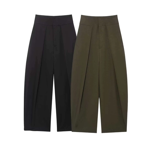 Pantalones de Talle Alto y Pata Ancha para Mujer Poliéster Pliegue Delantero Ajuste Holgado Oficina Uso Diario Casual Color Sólido