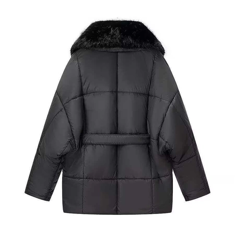 Chaqueta Acolchada de Largo Medio para Mujer Con Cuello de Piel Artificial Desmontable Capucha Ajuste Entallado Color Sólido Abrigo de Invierno