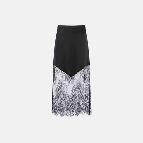 Women Elegant Satin Lace Splice Midi Skirt Asymmetric V-Shape Hem High Waist Floral Lace Patchwork Straight Skirt For Party Office