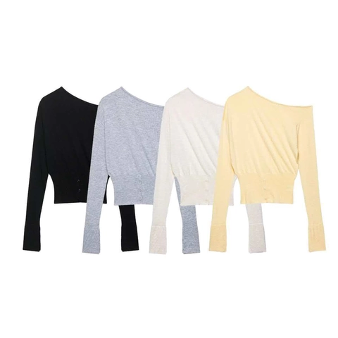 Femmes Élégant Épaules Dénudées Pull en Tricot Manches Longues Coupe Ajustée Haut Pullover Taille Côtelée Bouton Décoratif Mode Tricots de Banlieue