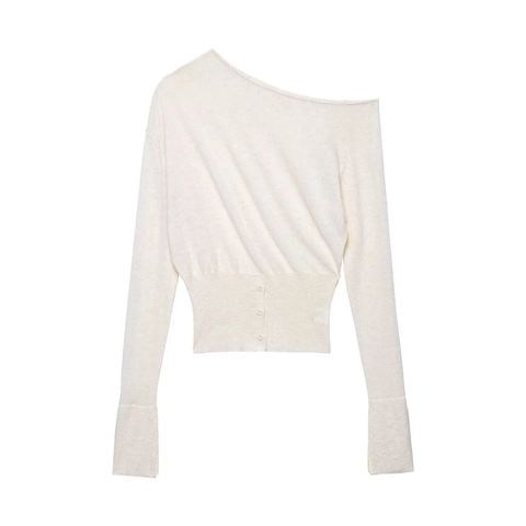 Femmes Élégant Épaules Dénudées Pull en Tricot Manches Longues Coupe Ajustée Haut Pullover Taille Côtelée Bouton Décoratif Mode Tricots de Banlieue