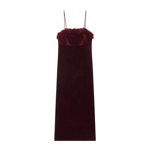 Abito Sottoveste in Velluto Rosso Vino Da Donna Con Bordo in Pelliccia Sintetica Strass Paillettes Elegante Abito Midi Da Festa