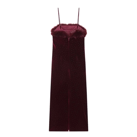 Abito Sottoveste in Velluto Rosso Vino Da Donna Con Bordo in Pelliccia Sintetica Strass Paillettes Elegante Abito Midi Da Festa
