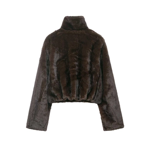 Dames Winter Donkerbruin Imitatiebont Jas Opstaande Kraag Kort Gesneden Jas Met Knoppen Epauletten Grote Zakken Warm