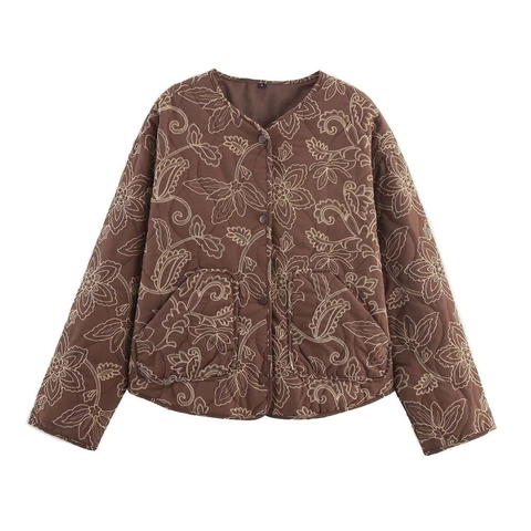 Chaqueta Acolchada Bordada Marrón Vintage para Mujer Manga Larga Cuello Redondo Patrón Floral Paisley Abrigo Con Bolsillos