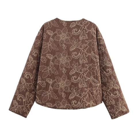 Chaqueta Acolchada Bordada Marrón Vintage para Mujer Manga Larga Cuello Redondo Patrón Floral Paisley Abrigo Con Bolsillos