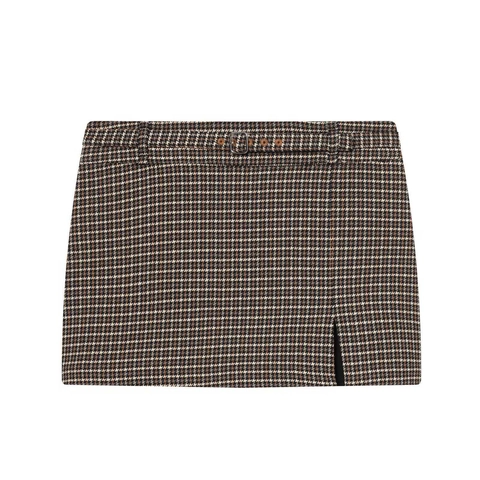 Minigonna Vintage Pied de Poule in Lana a Vita Alta Con Cintura e Spacco Laterale Retro Gonna a Linea A per Donna Autunno