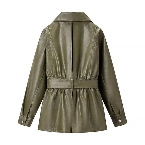 Dames Olijfgroene Kunstleren Jas Met Riem Slanke Pasvorm Lange Mouwen Revers PU Biker Bovenkleding Herfst Mode Rits Mantel