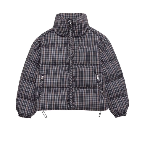 Women's Plaid Quilted Padded Jacket Vintage Stand Collar Drawstring Hem Loose Thick Cotton Coat Winter Outerwear For Women