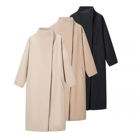 Cappotto Lungo in Lana da Donna con Collo in Piedi Elegante Minimalista Tinta Unita Spalla Cadente Autunno Inverno Soprabito Bottoni Nascosti