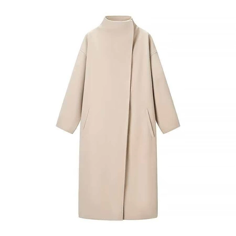 Cappotto Lungo in Lana da Donna con Collo in Piedi Elegante Minimalista Tinta Unita Spalla Cadente Autunno Inverno Soprabito Bottoni Nascosti