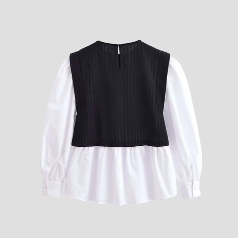 Damen Casual Hemd in Lagenoptik Lange Puffärmel Rundhalsausschnitt Kontrast Schwarz Weiß Strukturierte Patchwork Bluse