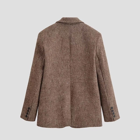 Women Vintage Brown Herringbone Tweed Blazer Notch Lapel Long Sleeve H-Line Casual Office Suit Jacket For Lady