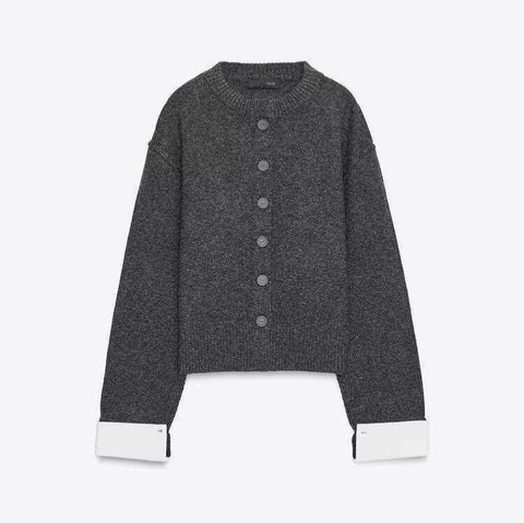 Elegant Dames Gebreid Vest Met Ronde Hals En Contrasterende Witte Manchetten Lange Mouwen Knoopsluiting Trui Top Casual