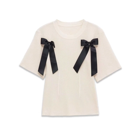 Maglione Donna Elegante in Maglia a Costine a Maniche Corte Girocollo Crema Top Con Fiocco Nero Decorazione Slim Fit Pendolare Maglieria