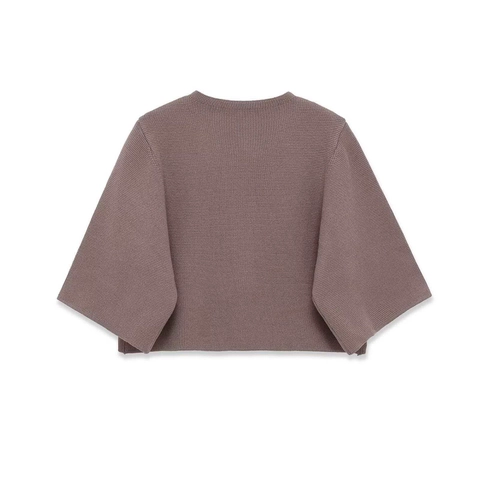 Women Elegant Round Neck Knit Cardigan Sweater Fabric Covered Buttons Half Sleeve Solid Color Short Polyester Top