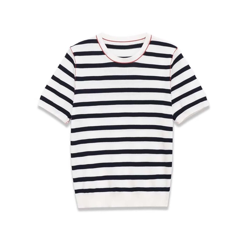 Women's Casual Striped Knit Short Sleeve Top Contrast Red Stitching Round Neck Lightweight Pullover Soft Summer Sweater