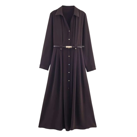 Women Elegant Lapel Long Sleeve Shirt Midi Dress With Belt Coffee Solid Color High Waist Button Up Commuting Office A-Line Dress