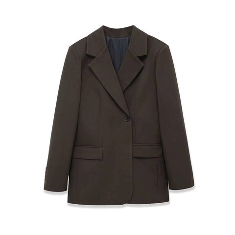 Damen Einreihige Reverskragen Blazer Jacke Pendeln Einfarbig Dunkles Oliv Langarm Büro Dame Anzug Mantel