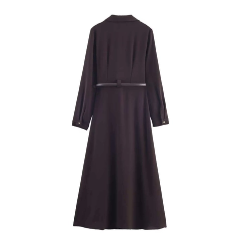 Women Elegant Lapel Long Sleeve Shirt Midi Dress With Belt Coffee Solid Color High Waist Button Up Commuting Office A-Line Dress