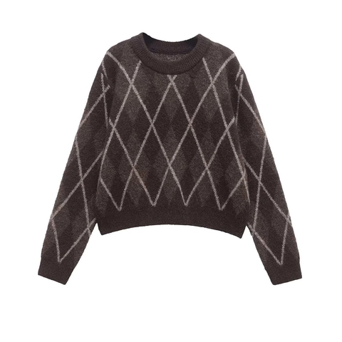 Damen Vintage Argyle Strickpullover Retro Preppy Stil Langarm Rundhals Pullover Fusseliger Kontrastfarbe Pullover Tops