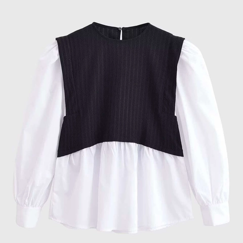 Damen Casual Hemd in Lagenoptik Lange Puffärmel Rundhalsausschnitt Kontrast Schwarz Weiß Strukturierte Patchwork Bluse