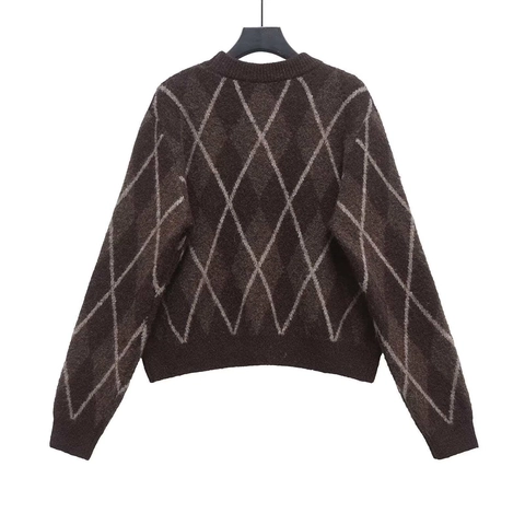 Damen Vintage Argyle Strickpullover Retro Preppy Stil Langarm Rundhals Pullover Fusseliger Kontrastfarbe Pullover Tops