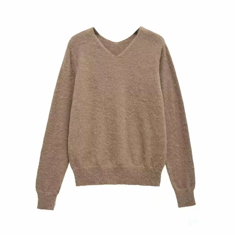 Γυναικείο Φθινόπωρο Χειμώνας Casual V-Neck Χνουδωτό Πλεκτό Πουλόβερ Χαλαρή Εφαρμογή Μονόχρωμο Μακρύ Μανίκι Μαλακό Τοπ