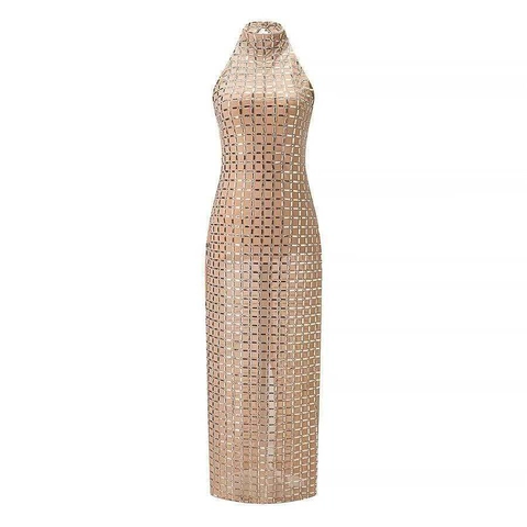 Elegantes Maxikleid Mit Neckholder Und Strass-Gitter Sexy Schlankes Champagnergold Rückenfreies Abendkleid Für Damen Bankett Party