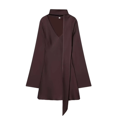 Women Elegant Satin V-Neck Scarf Tie Mini Dress Solid Color Long Sleeve Slim Fit Commuter Party Short Dress Outfits