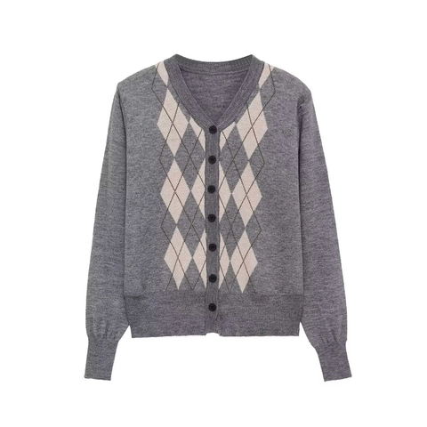 Dames Vintage Argyle Gebreid Vest V-hals Lange Mouwen Knoopsluiting Trui Herfst Winter Casual Grijs