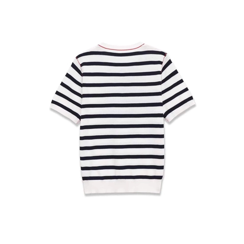 Women's Casual Striped Knit Short Sleeve Top Contrast Red Stitching Round Neck Lightweight Pullover Soft Summer Sweater
