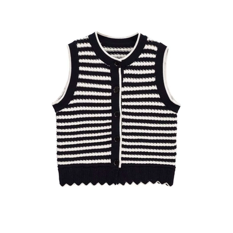 Dames Casual Gestreepte Gebreide Vest Mouwloos Ronde Hals Single Breasted Schulpkant Polyester Sweater Top