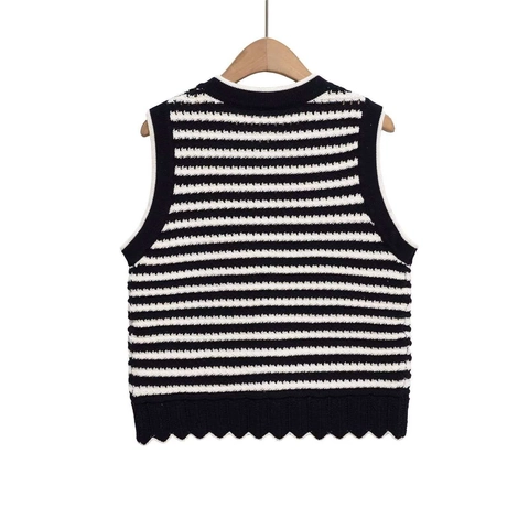Dames Casual Gestreepte Gebreide Vest Mouwloos Ronde Hals Single Breasted Schulpkant Polyester Sweater Top