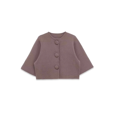 Women Elegant Round Neck Knit Cardigan Sweater Fabric Covered Buttons Half Sleeve Solid Color Short Polyester Top