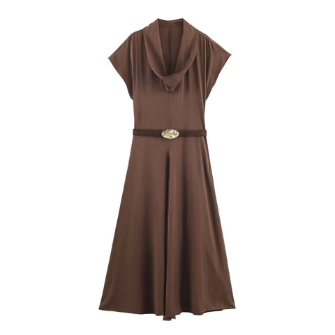 Women Elegant Cowl Neck Satin Midi Dress With Belt Solid Color Sleeveless A Line Commuting Party Evening Dress