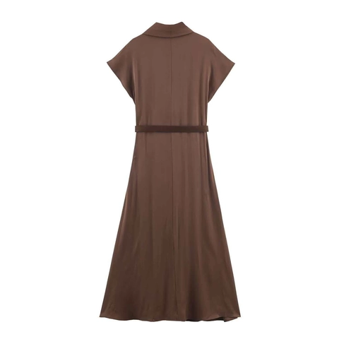 Women Elegant Cowl Neck Satin Midi Dress With Belt Solid Color Sleeveless A Line Commuting Party Evening Dress